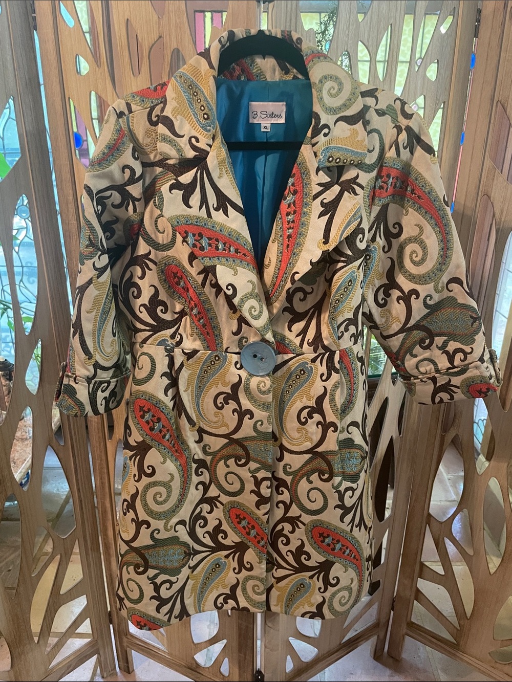 3 Sisters Multicolor Paisley Embroidered Coat with Teal Lining